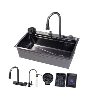 Sink Dapur Workstation Modern Emas Ukuran Besar 40 Inci Tren Baru Tiktok Faucet Waterfall Satu Potong Baja Tahan Karat 304 Wastafel Dapur Bionik Sarang Lebah Wastafel Dapur Hitam